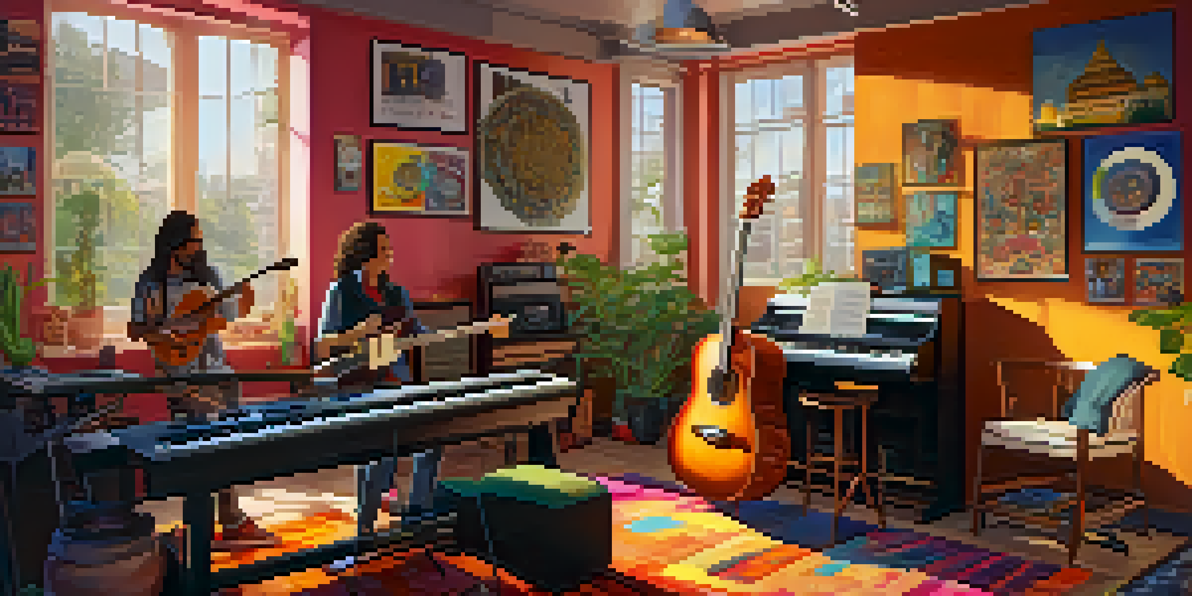 A diverse group of musicians collaborating in a colorful music studio with various instruments and warm sunlight.