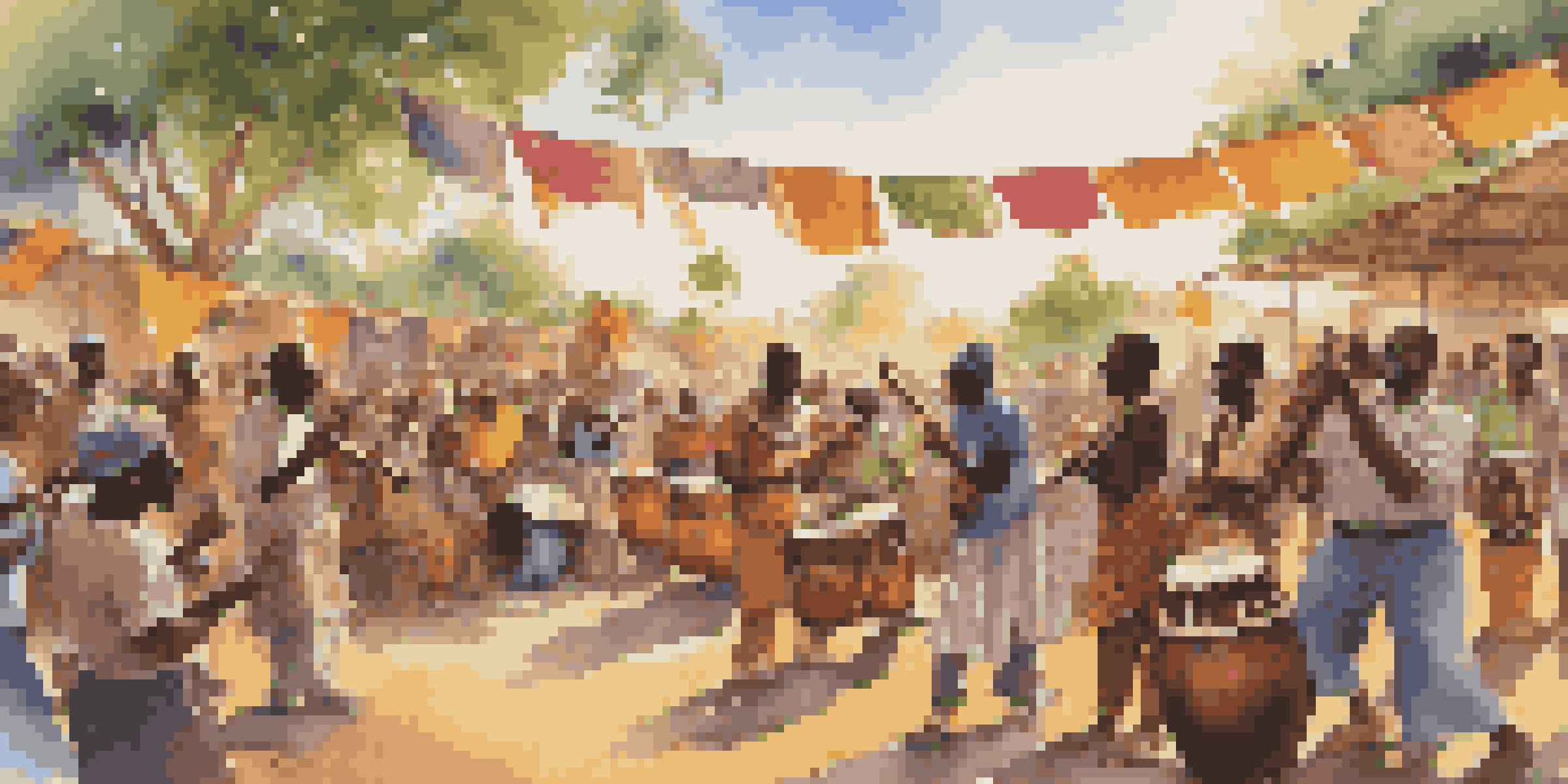 A group of African musicians performing at an outdoor festival, playing traditional instruments with a colorful audience enjoying the music under a golden sunset.