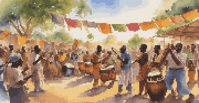 A group of African musicians performing at an outdoor festival, playing traditional instruments with a colorful audience enjoying the music under a golden sunset.