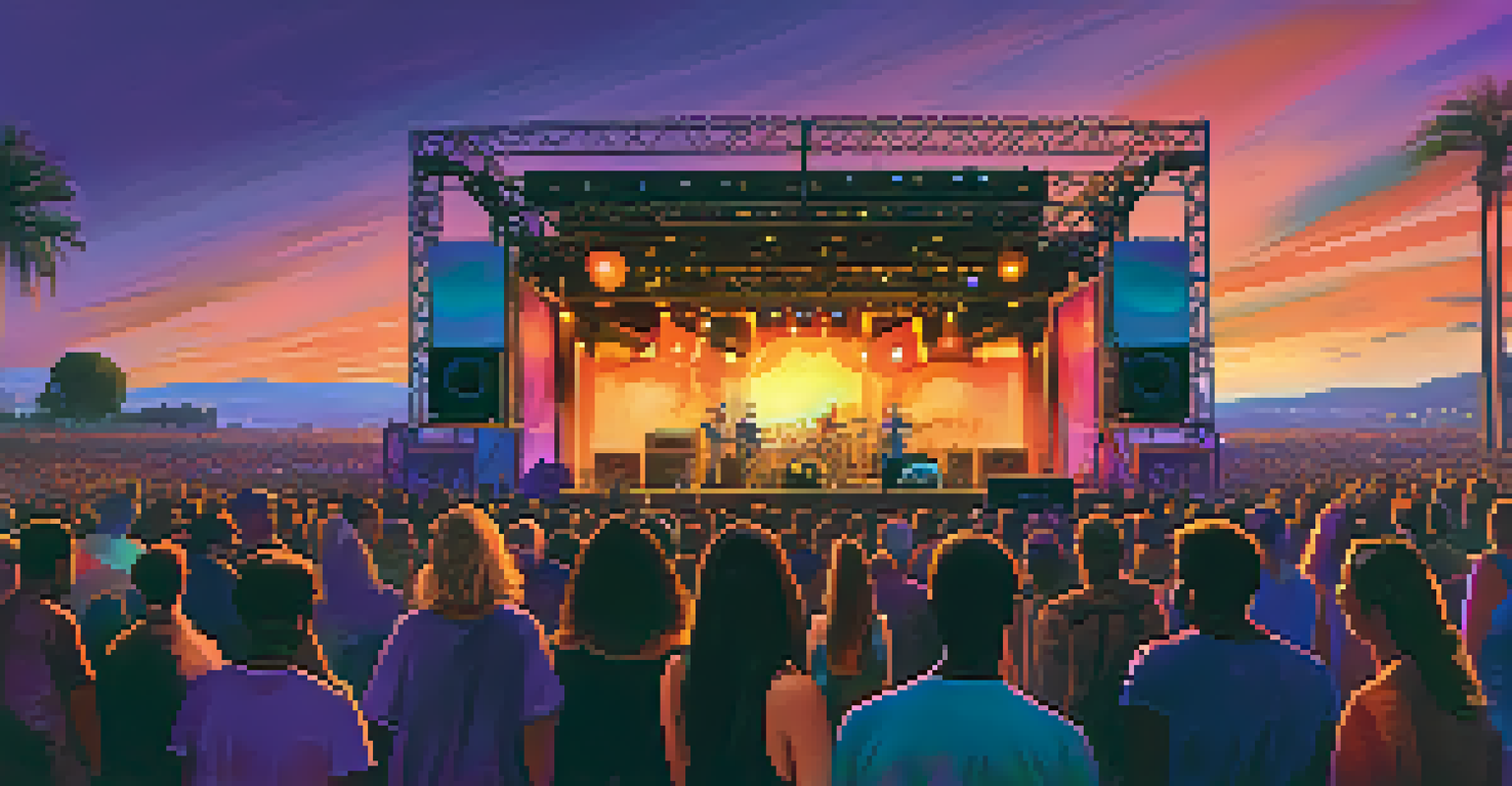 An outdoor music festival at sunset with diverse artists on stage and a captivated audience, all illuminated by colorful lights.