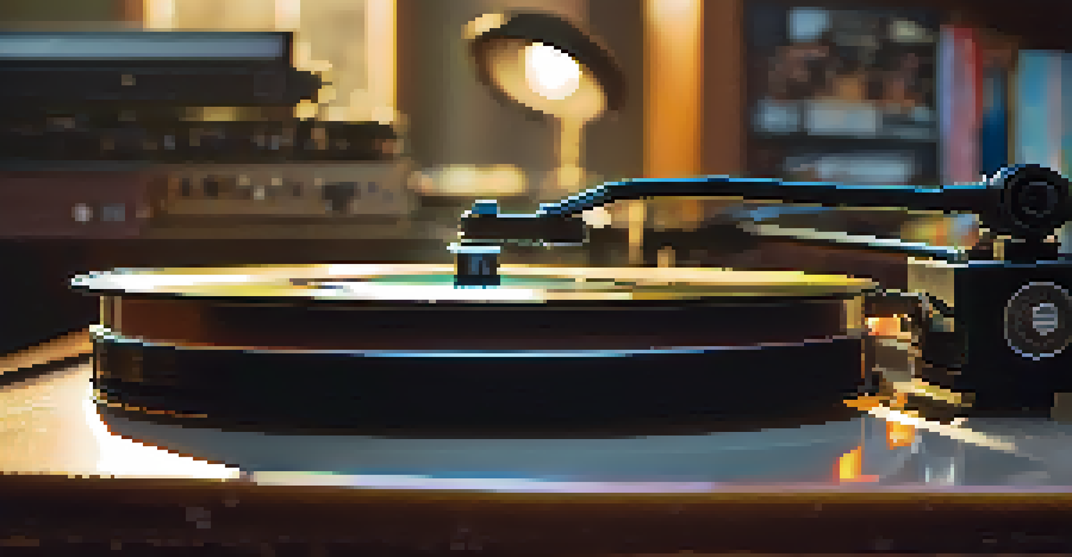 A close-up of a spinning vinyl record on a turntable with warm lighting and headphones nearby.