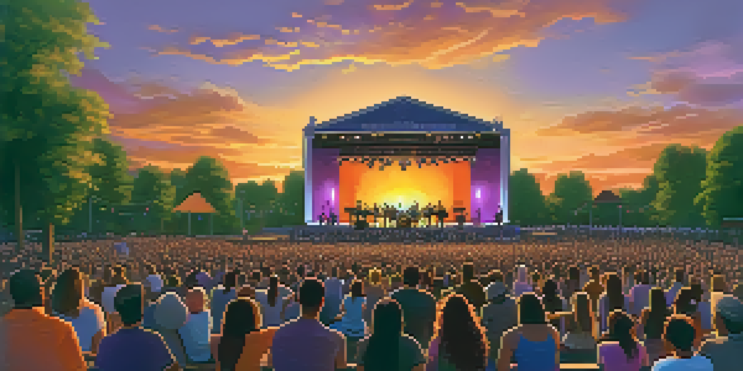 A vibrant outdoor concert at sunset with diverse audience members enjoying music, surrounded by colorful skies and greenery.