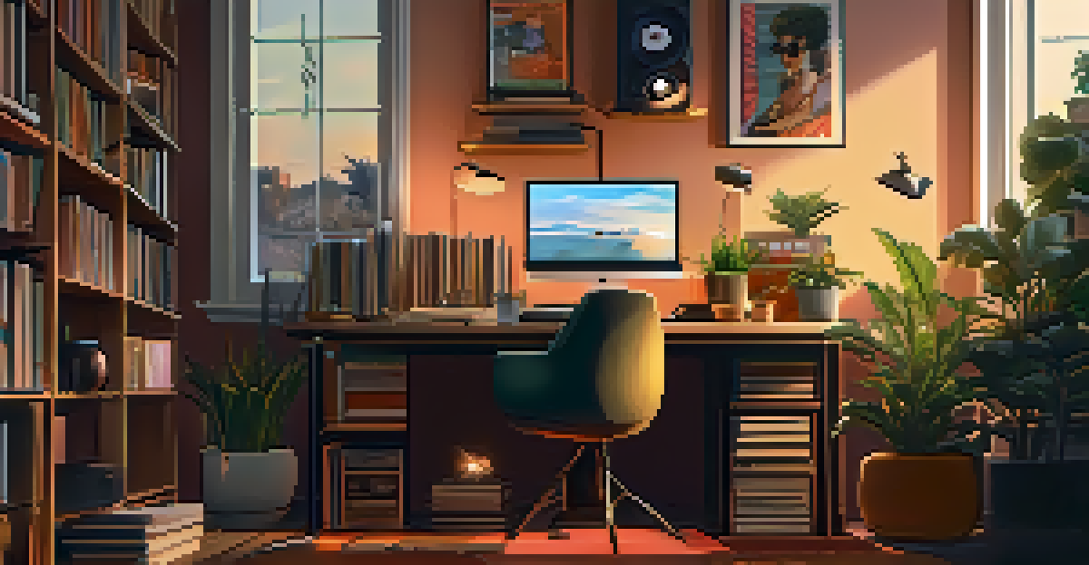 A cozy home office with a person studying while listening to lo-fi hip hop music, surrounded by vinyl records and plants in soft lighting.