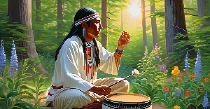 A Native American healer playing a hand drum in a forest surrounded by wildflowers and greenery, with sunlight filtering through the trees.