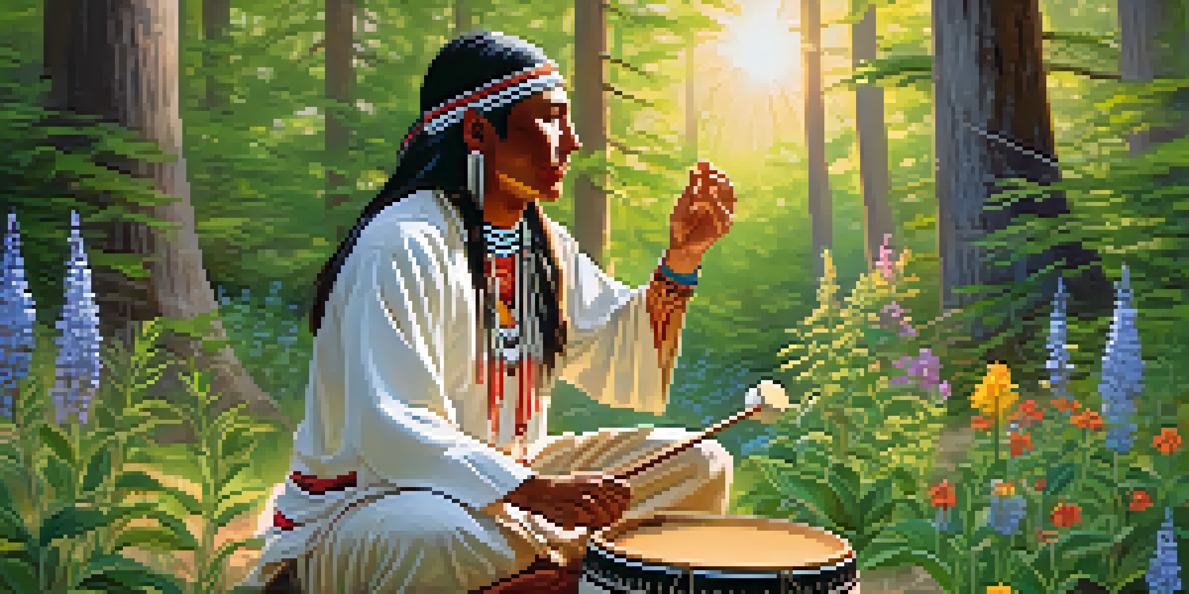 A Native American healer playing a hand drum in a forest surrounded by wildflowers and greenery, with sunlight filtering through the trees.
