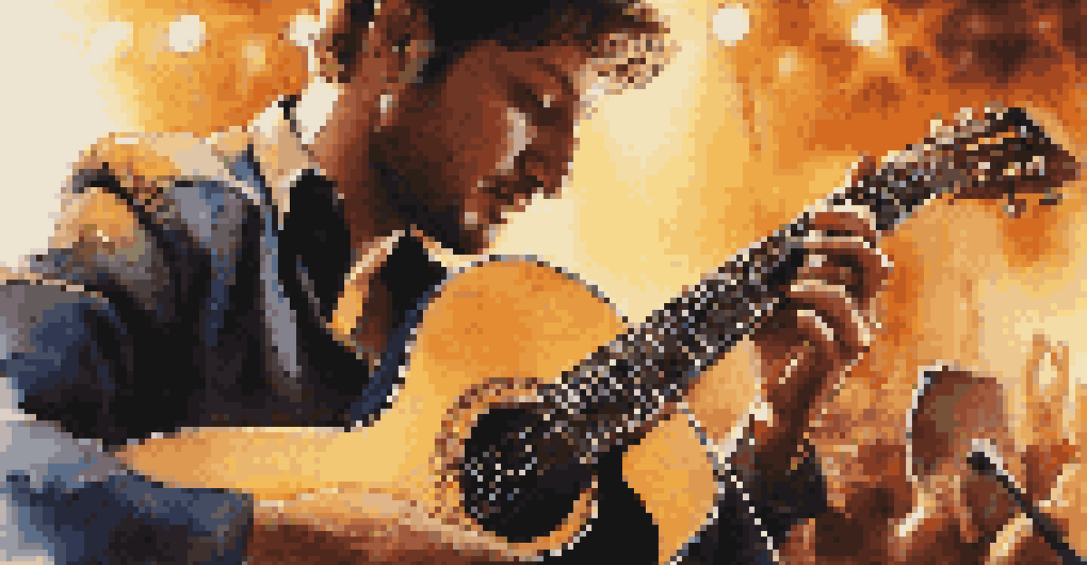A musician playing an acoustic guitar on stage with warm lights and blurred audience in the background.