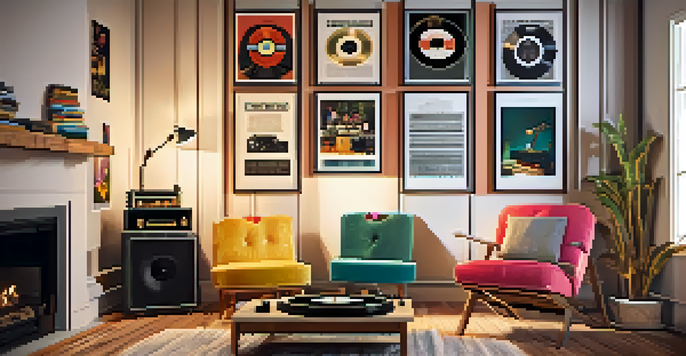 A cozy home music studio with a vintage turntable, colorful vinyl records, warm ambient lighting, and music posters on the walls.