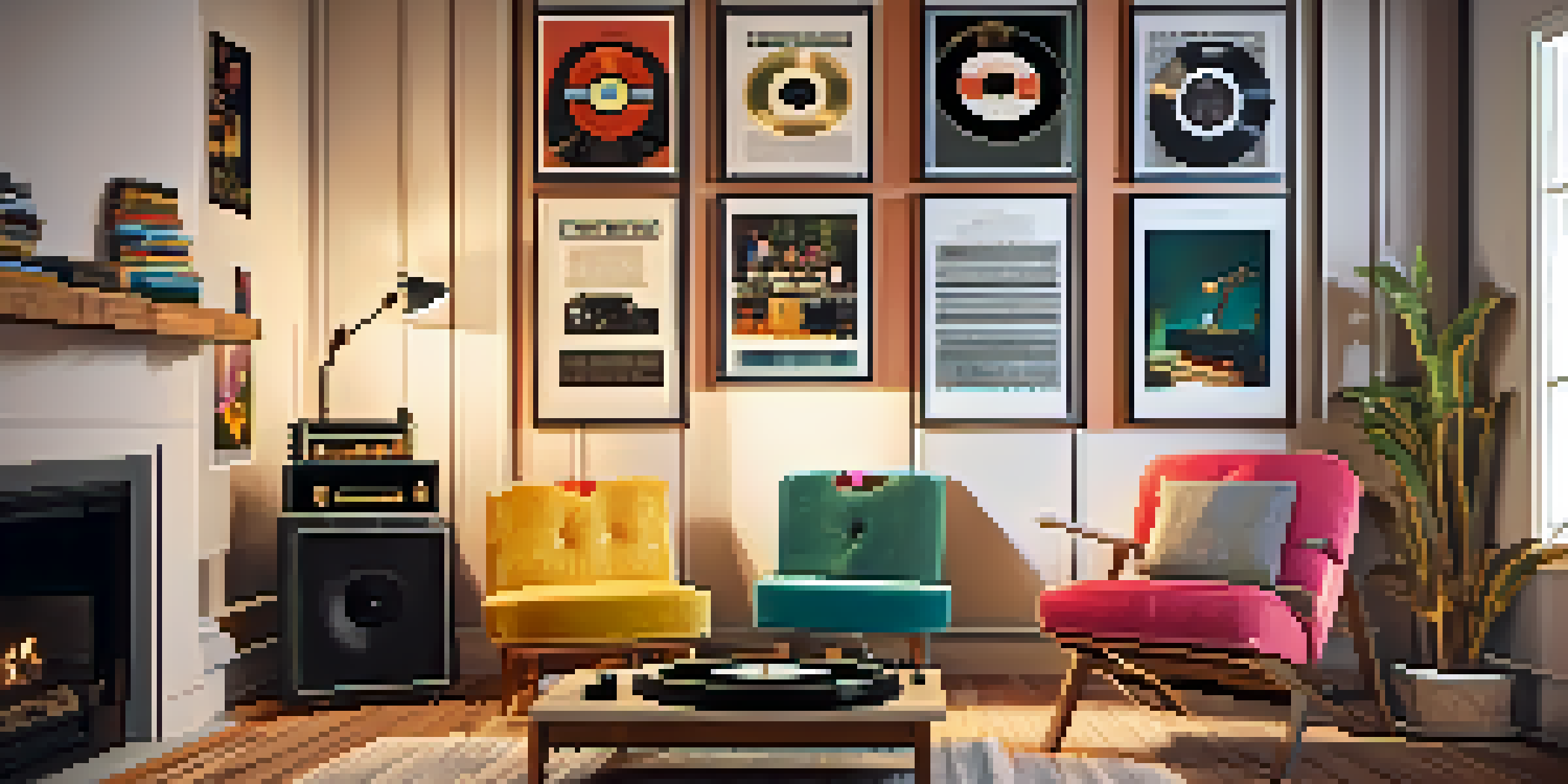 A cozy home music studio with a vintage turntable, colorful vinyl records, warm ambient lighting, and music posters on the walls.