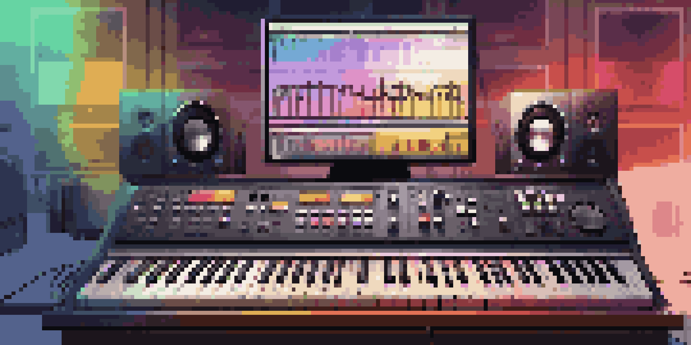 A digital audio workstation with a computer screen showing music software, a keyboard, and studio monitors in a warm-lit environment.