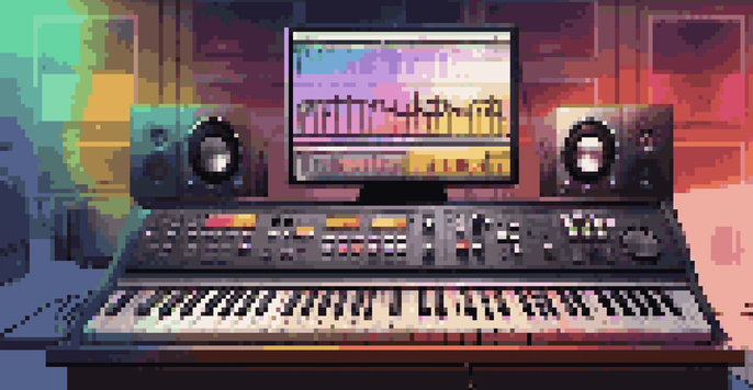 A digital audio workstation with a computer screen showing music software, a keyboard, and studio monitors in a warm-lit environment.
