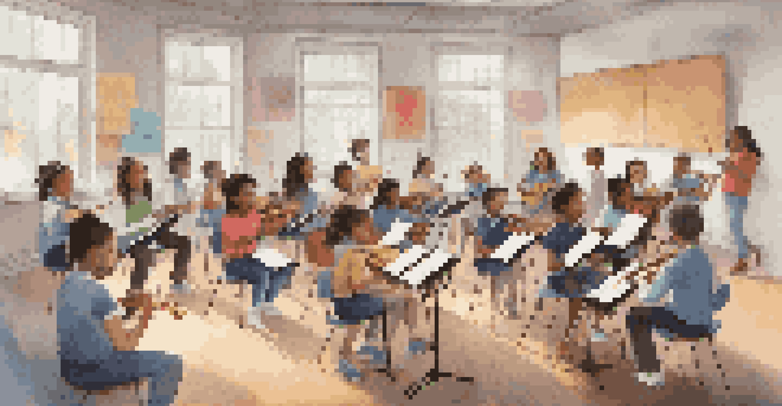 A diverse group of students participating in a collaborative music lesson led by an educator, surrounded by various musical instruments and colorful notes.