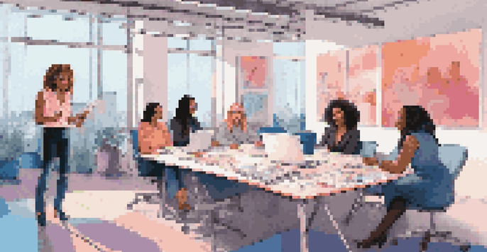 A diverse group of female music executives collaborating in a modern office, showcasing determination and teamwork.