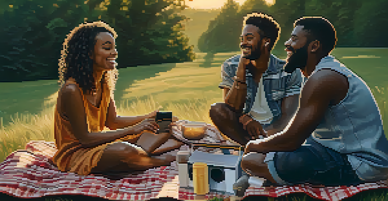 A diverse group of friends having a joyful picnic while listening to music outdoors at sunset.