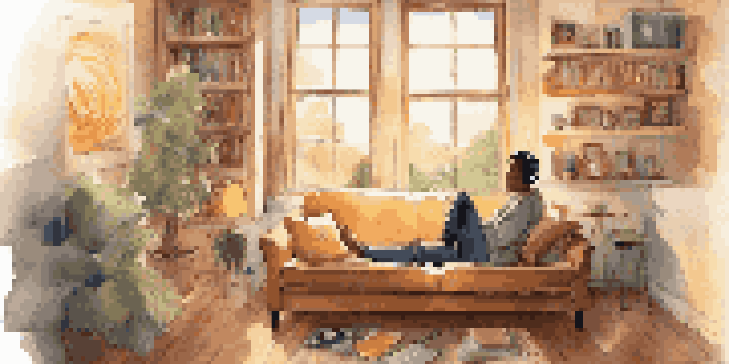 A person sitting on a couch with headphones, enjoying music in a warmly lit room filled with musical decor.