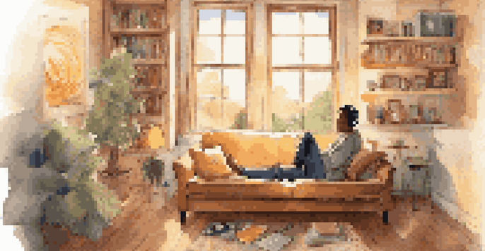 A person sitting on a couch with headphones, enjoying music in a warmly lit room filled with musical decor.