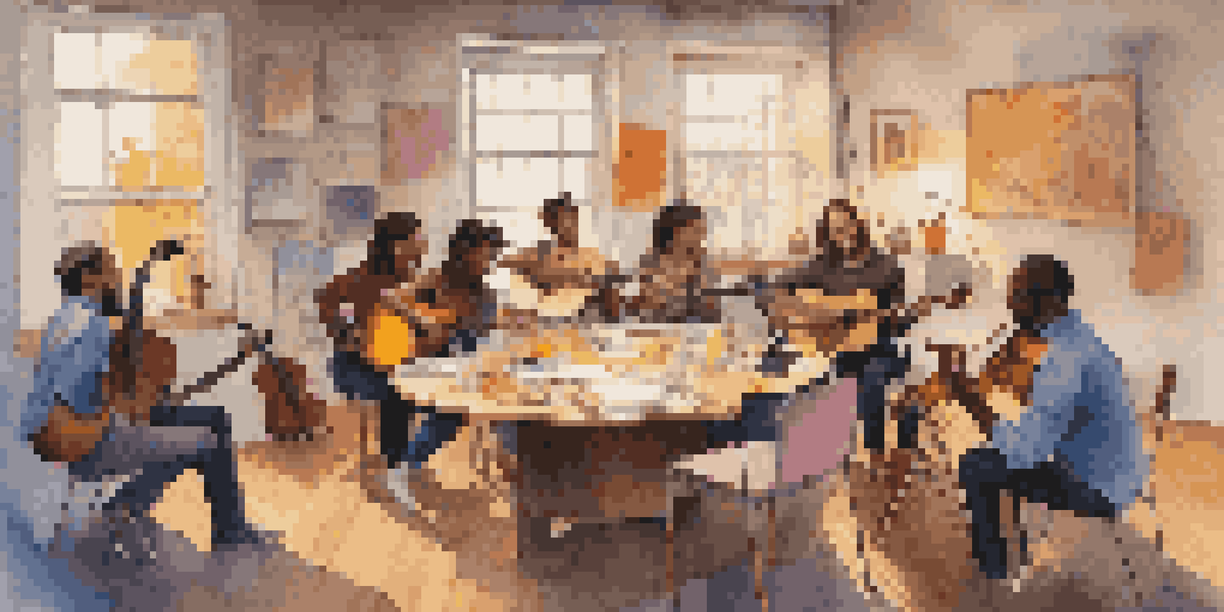 A group of diverse musicians brainstorming in a cozy studio, surrounded by musical instruments and colorful notes, sharing ideas with a warm lighting ambiance.