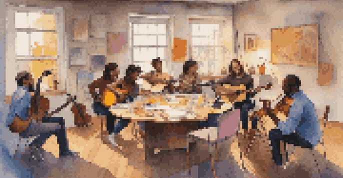 A group of diverse musicians brainstorming in a cozy studio, surrounded by musical instruments and colorful notes, sharing ideas with a warm lighting ambiance.