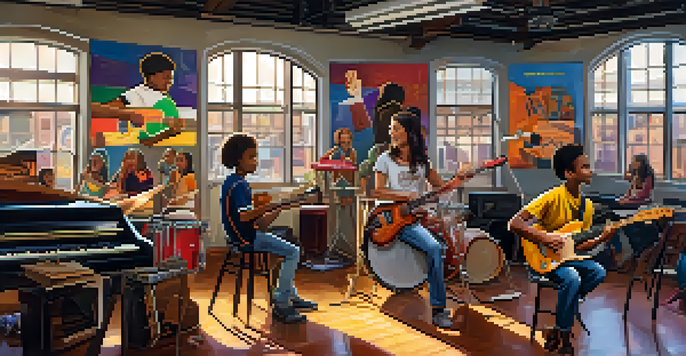 A lively music workshop in an urban setting with diverse students playing instruments like guitars and drums under bright natural light.