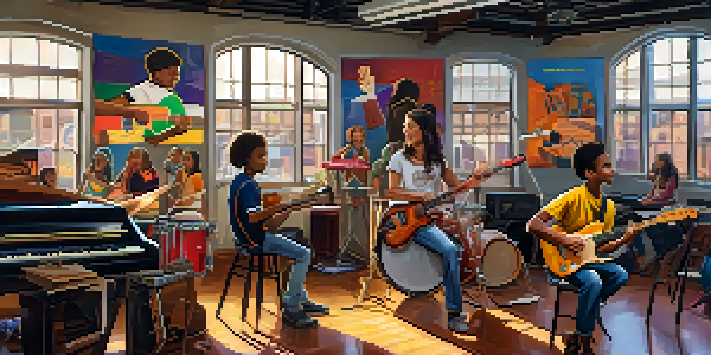 A lively music workshop in an urban setting with diverse students playing instruments like guitars and drums under bright natural light.