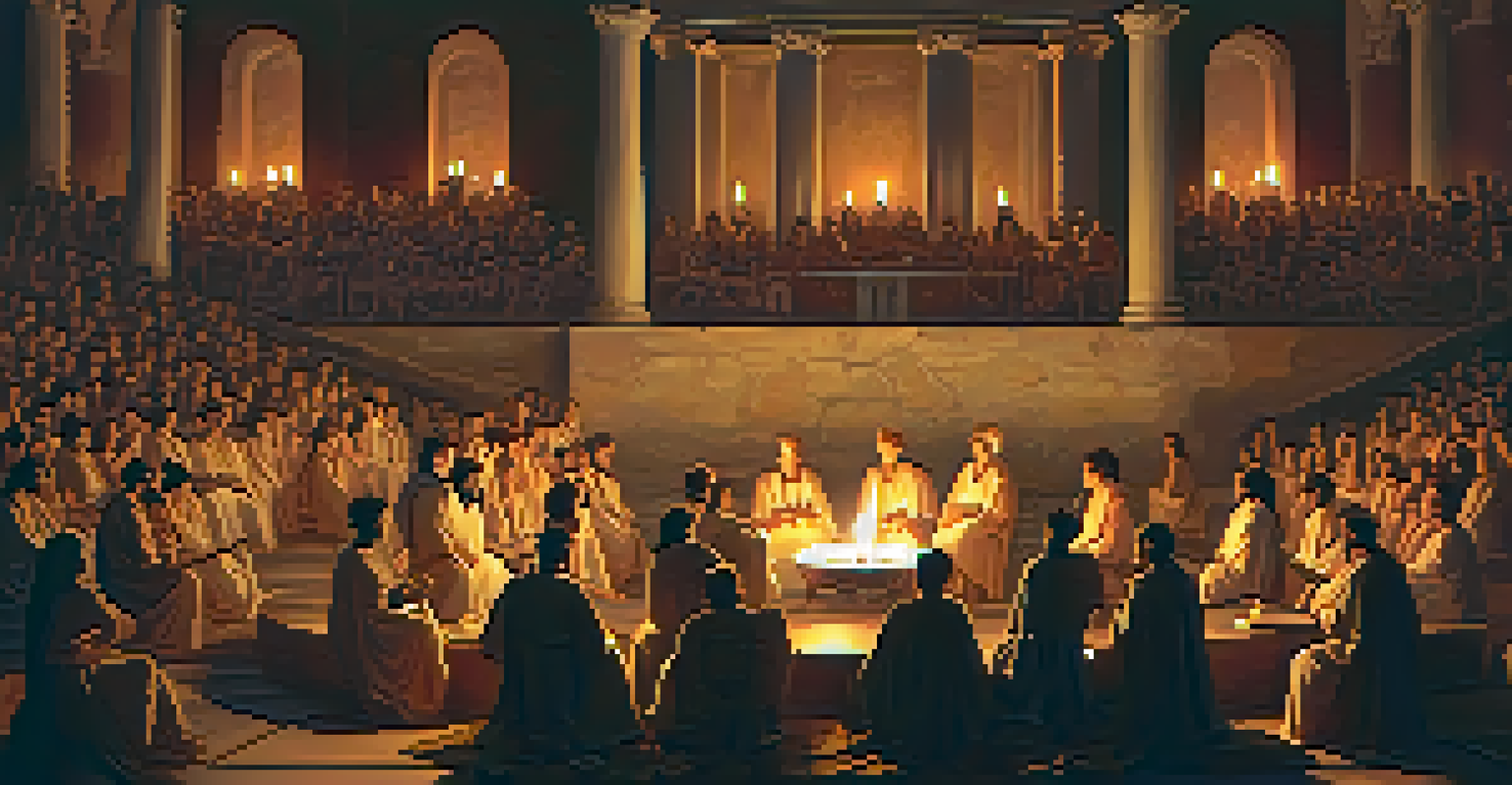Ancient Greek bards performing stories by candlelight in a rustic amphitheater, with an engaged audience.