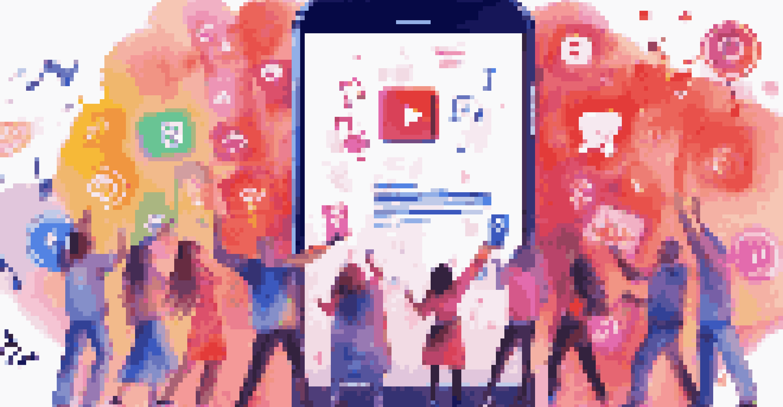 A smartphone displaying a colorful social media contest announcement with musical notes and creative icons in the background.