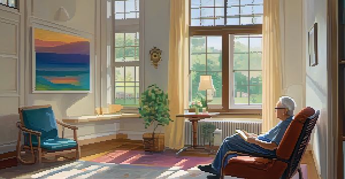 An elderly patient and a family member in a cozy room, enjoying music together with a guitar nearby.