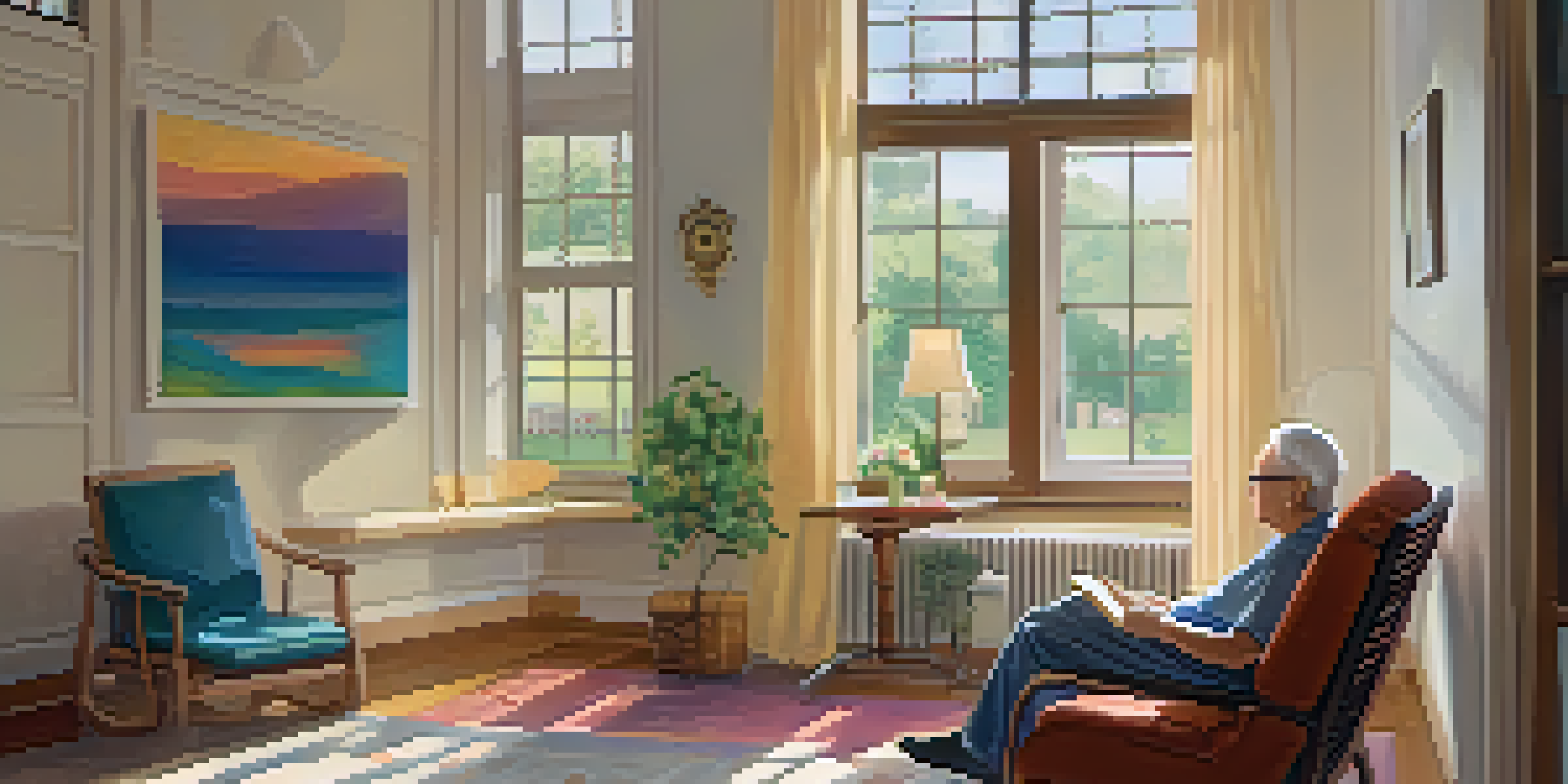 An elderly patient and a family member in a cozy room, enjoying music together with a guitar nearby.