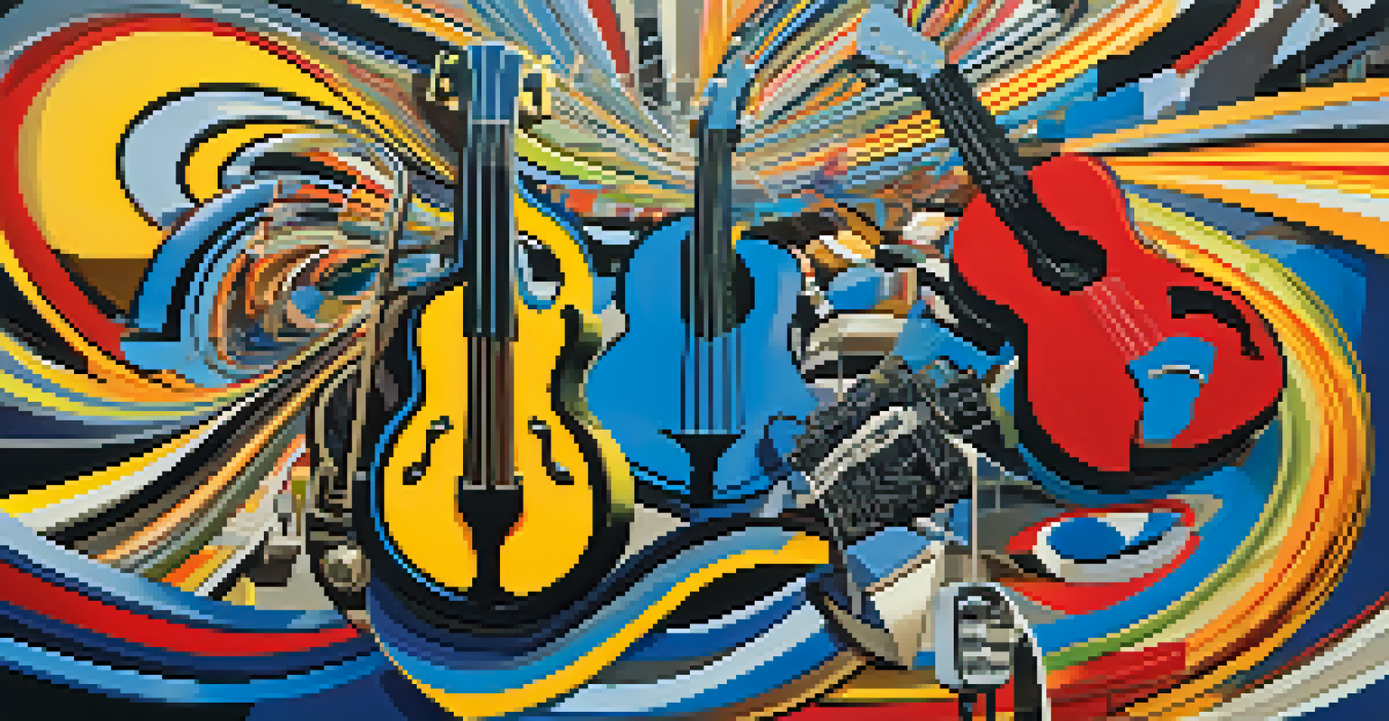 An abstract image representing various music genres with swirling patterns and colorful elements like guitars and musical notes.