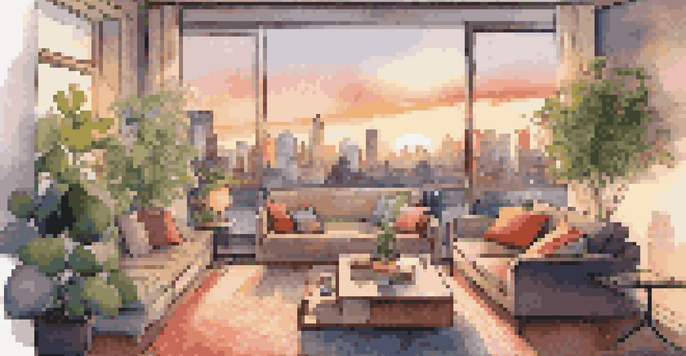 A modern living room with a view of a city skyline at sunset, featuring a couch with cushions, a coffee table with a book and tea, and houseplants.