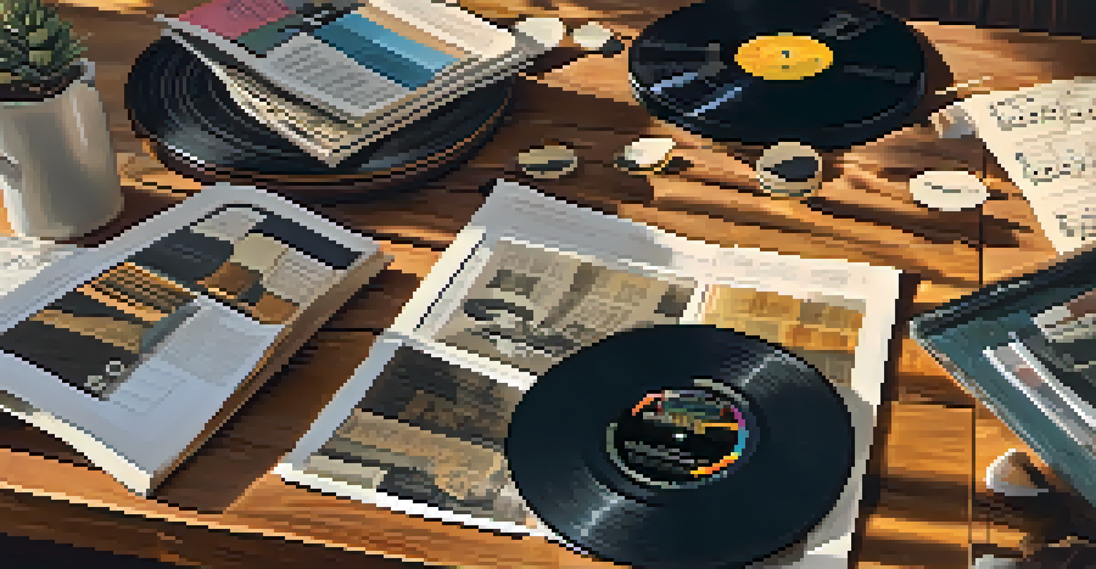 A collection of vinyl records and music scores on a rustic wooden table with a coffee cup, illuminated by warm golden hour sunlight.
