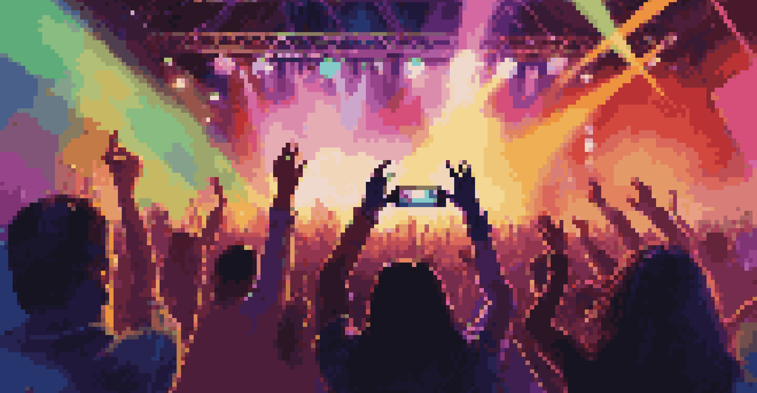 A lively concert scene with an artist on stage and an engaged audience, illuminated by colorful lights and glowing smartphones.