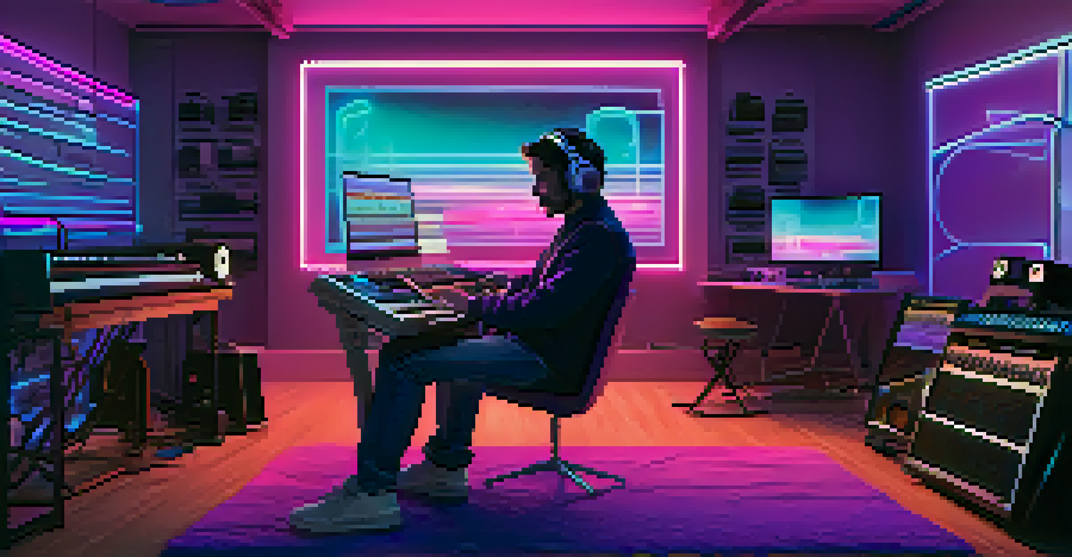 An artist in a modern home studio with high-tech music equipment, illuminated by neon lights and surrounded by visual representations of music.