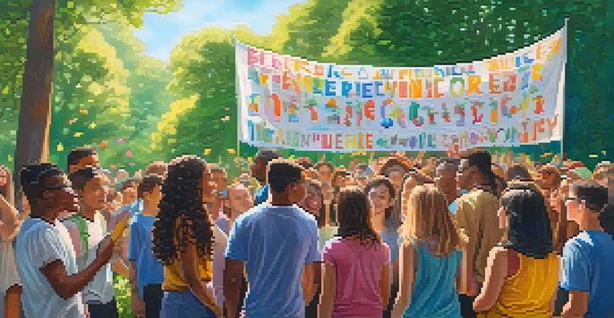 A diverse group of young activists singing and holding banners in a sunny park surrounded by greenery and flowers.