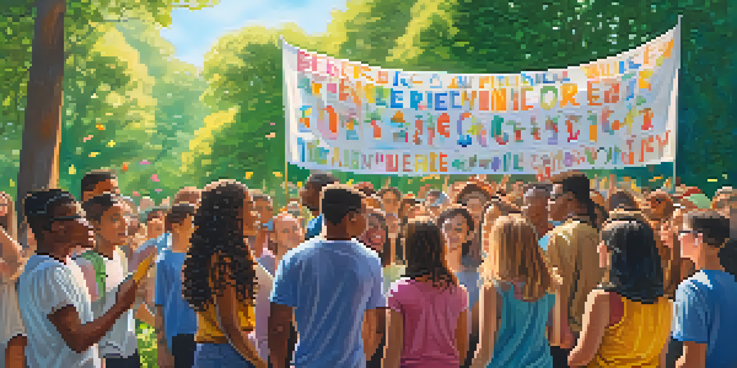 A diverse group of young activists singing and holding banners in a sunny park surrounded by greenery and flowers.