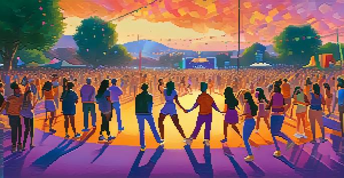 A lively outdoor music festival during sunset with a diverse crowd dancing. A non-binary artist performs on stage with colorful lights, and the sky is filled with warm hues of orange and purple.