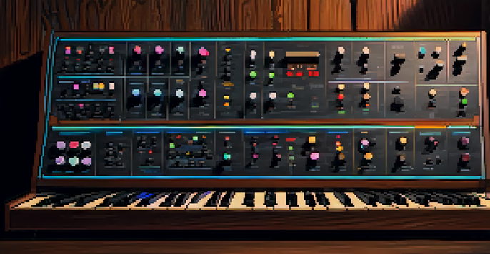 A detailed close-up of a colorful analog synthesizer with knobs and cables, illuminated by soft ambient light.