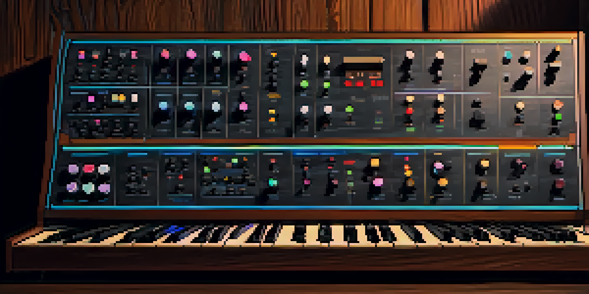 A detailed close-up of a colorful analog synthesizer with knobs and cables, illuminated by soft ambient light.