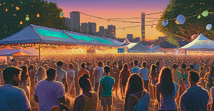 A lively outdoor music festival at sunset with a diverse crowd and colorful lights, promoting climate action.