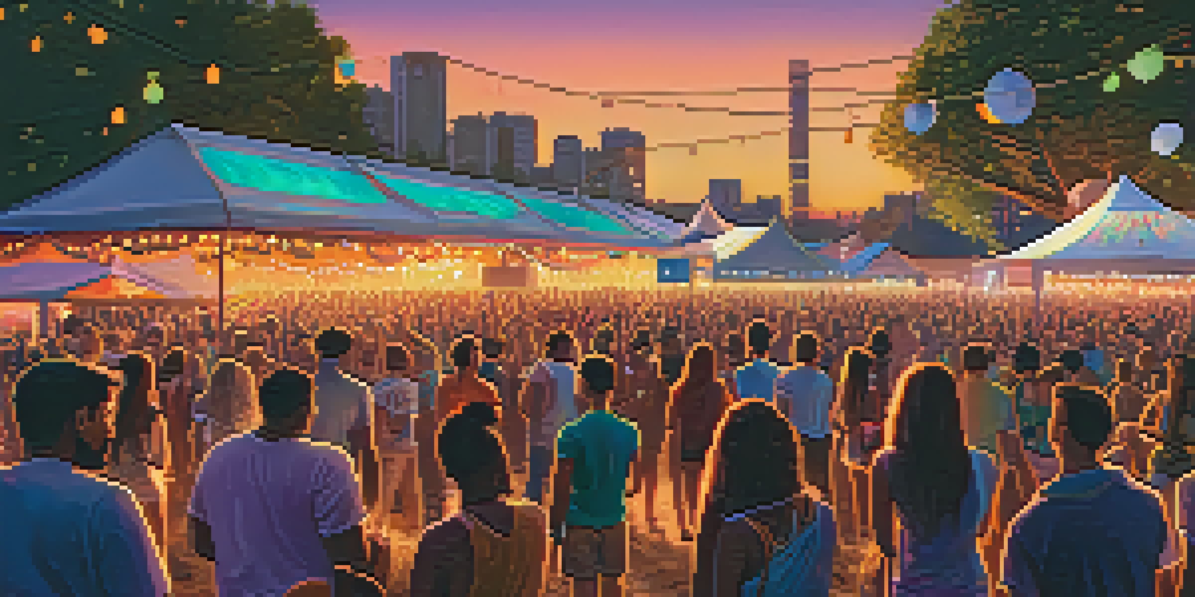 A lively outdoor music festival at sunset with a diverse crowd and colorful lights, promoting climate action.