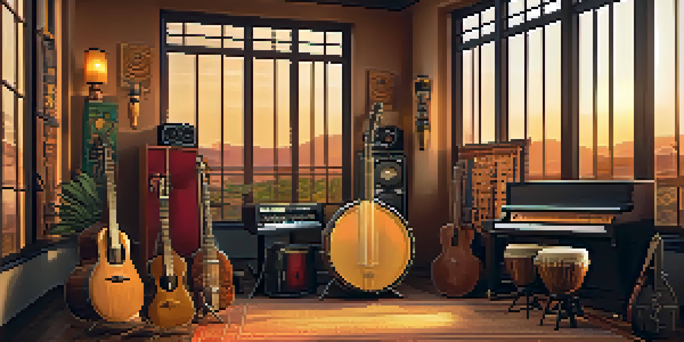 A colorful music studio showcasing a variety of musical instruments from different cultures, illuminated by warm lighting and a sunset view.