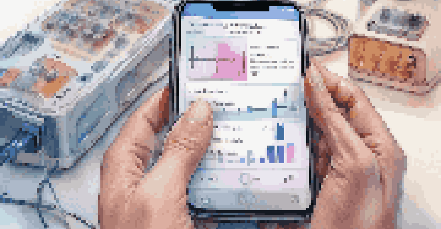 Close-up of a hand holding a smartphone with a music playlist in a treatment room, with medical equipment in the background.