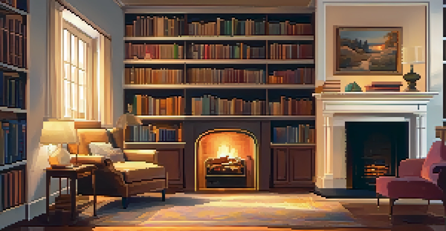 A cozy room with a fireplace, comfortable chairs, and bookshelves filled with books, bathed in warm light.