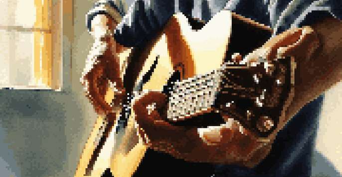 A close-up of a patient strumming a guitar, illuminated by soft sunlight, capturing the moment of musical connection.