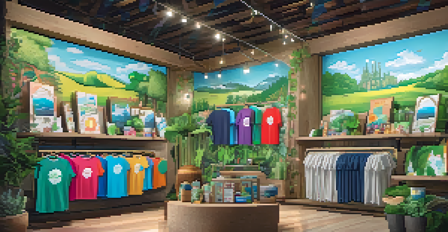 A display of eco-friendly merchandise at a concert, featuring organic T-shirts and recycled accessories in a colorful setup.
