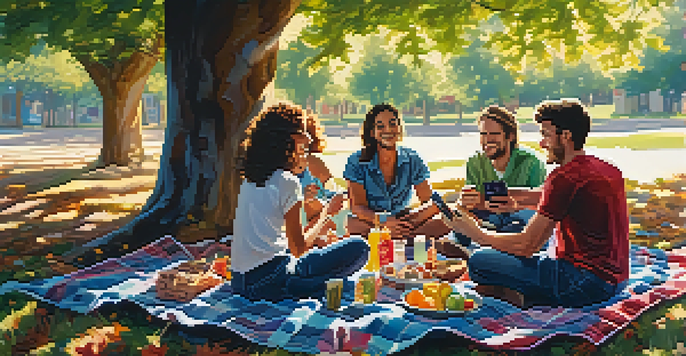 A group of friends enjoying a picnic under a tree, sharing music on a smartphone.