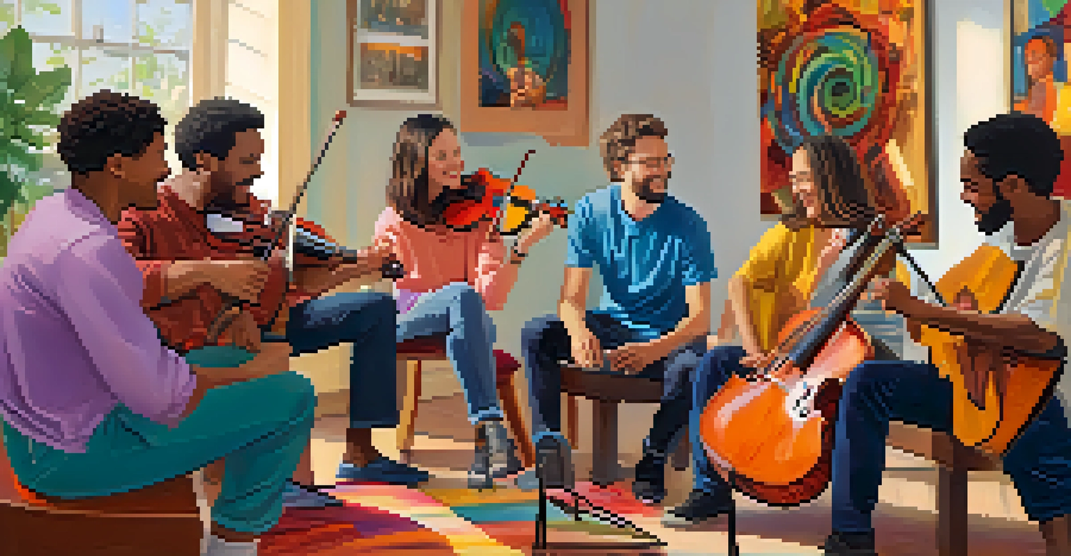 A diverse group of individuals participating in a music therapy session, playing instruments and sharing joyful expressions.