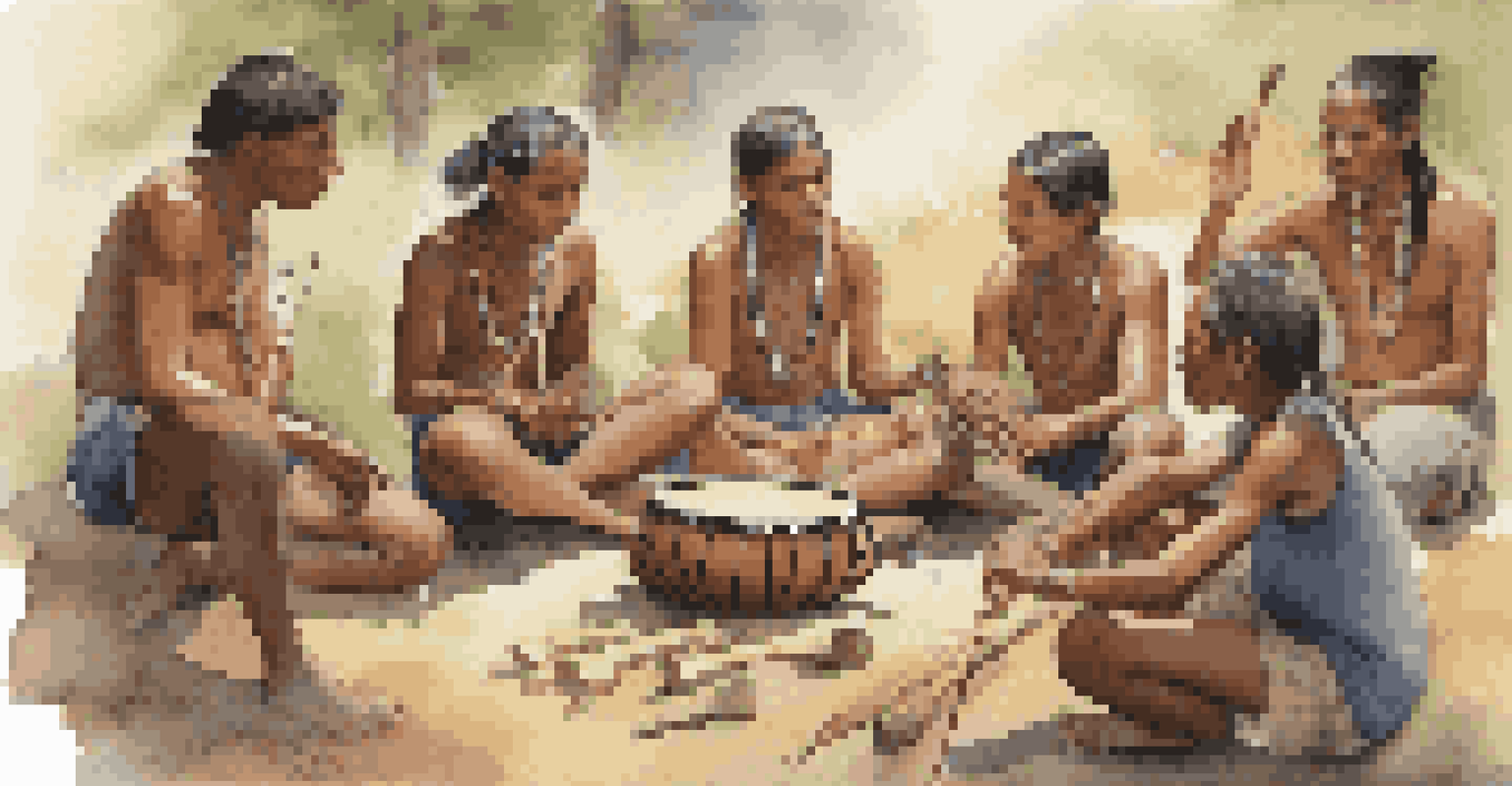 An Indigenous elder teaching young people about traditional music with natural instruments in a warmly lit environment.