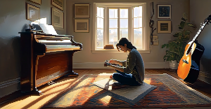 A person playing musical instruments in a sunlit room, expressing calmness and emotional connection.