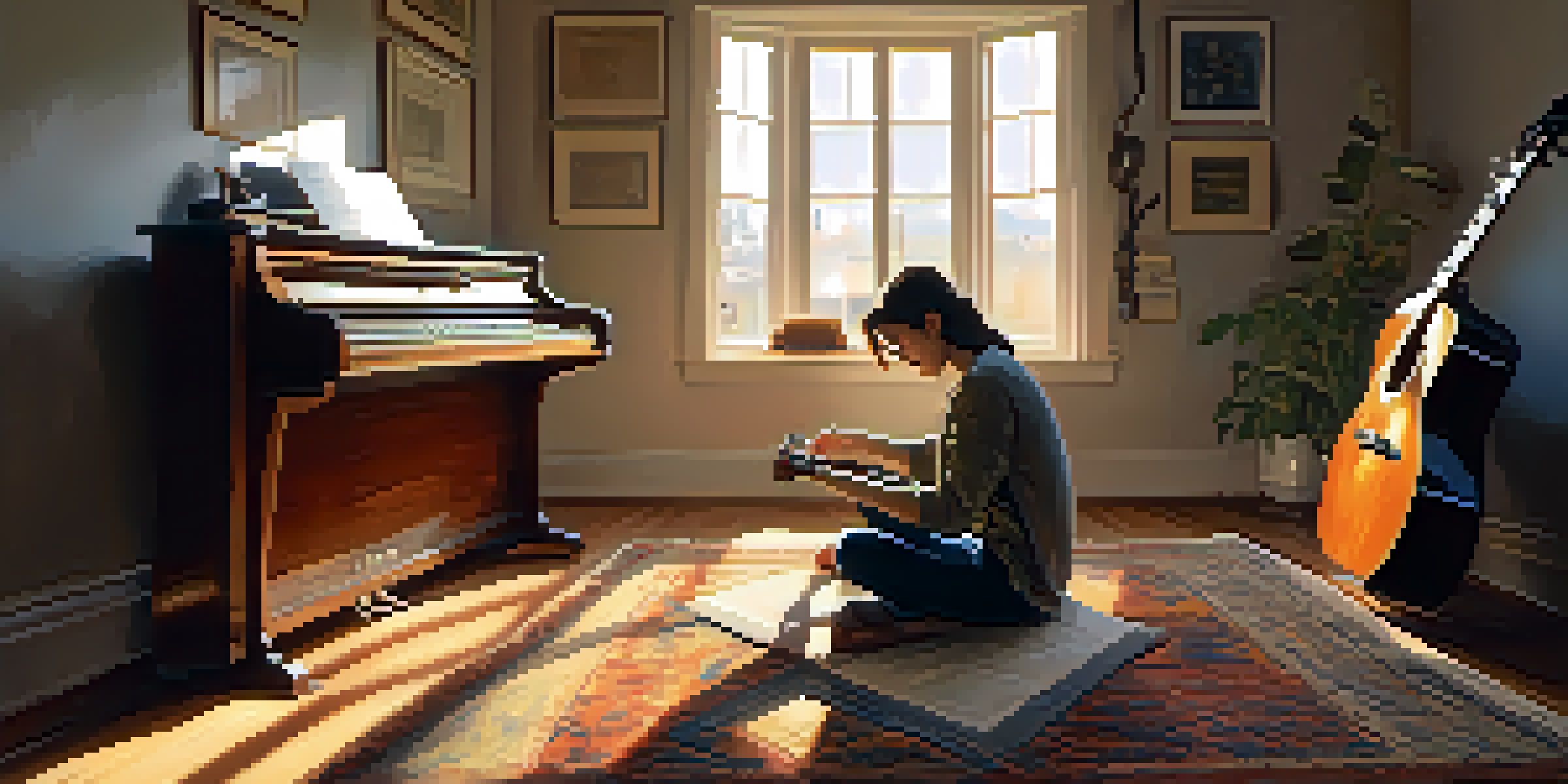 A person playing musical instruments in a sunlit room, expressing calmness and emotional connection.