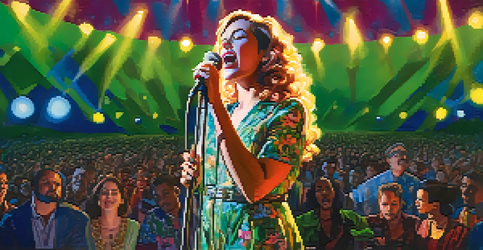 A female musician on stage singing into a microphone, with a nature-themed backdrop and an engaged audience holding environmental banners.